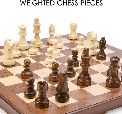 AMEROUS Wooden Chess & Checkers Set with Upgraded Weighted Chess Pieces, 15 Inches (2 in 1) Chess Board Games for Kids, Adults w/ 2 Extra Queens / 24 Cherkers Pieces/Gift Package
