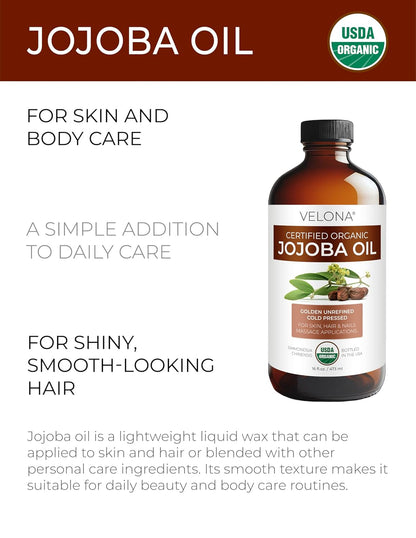 velona Jojoba Oil USDA Certified Organic - 16 Fl Oz in Glass Bottle | 100% Pure and Natural | Golden, Unrefined, Cold Pressed, Hexane Free | Moisturizing Face, Hair, Body, Skin Care
