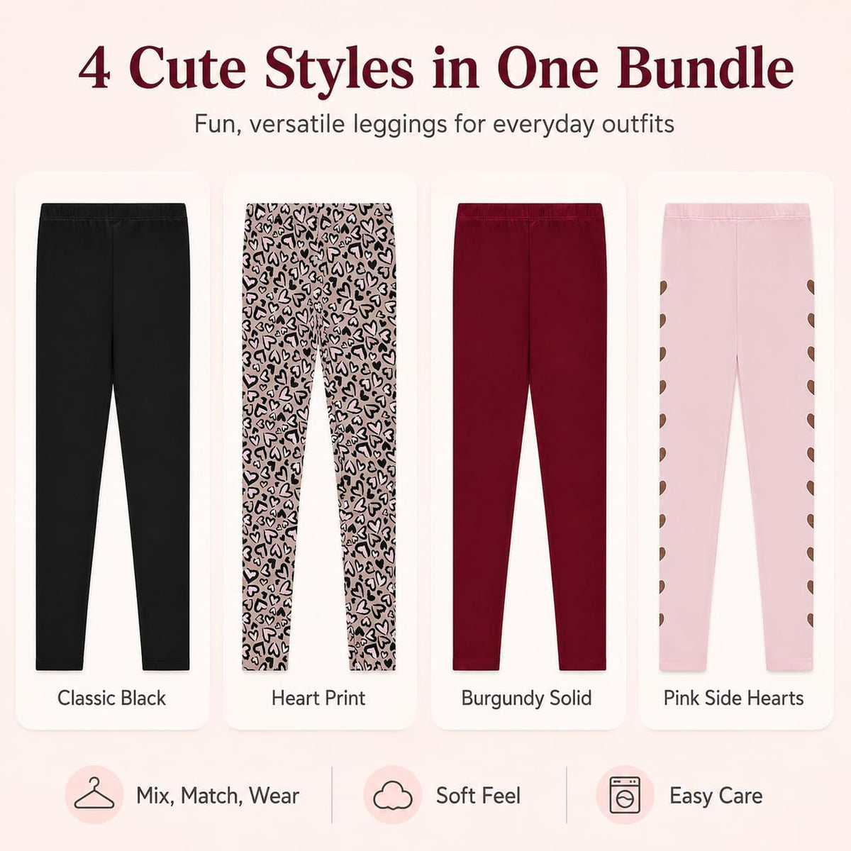 Kids Girls Fall Fashion Stretch Leggings Comfortable Bottoms Set 4 Pack Bundle
