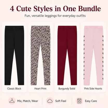 Kids Girls Fall Fashion Stretch Leggings Comfortable Bottoms Set 4 Pack Bundle