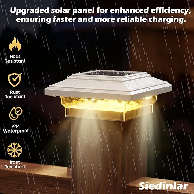 SIEDiNLAR 5.5x5.5 inch Solar Post Lights 50 Lumens 2 Modes, Post Caps Light Outdoor Waterproof for 5.5x5.5 Vinyl Wooden Posts, Deck Fence Garden Patio Decor, Warm/White Lighting (White,1 Pack)