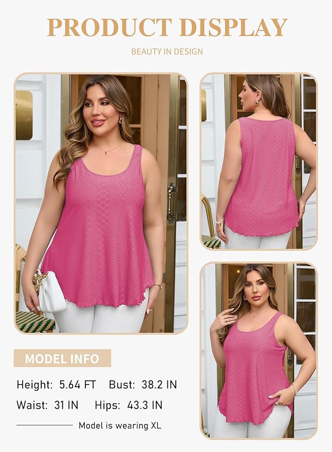 Eytino Womens Plus Size Tank Tops Summer Eyelet Embroidery Sleeveless T-Shirts Tops Scoop Neck Causal Loose Flowy Cami(1X-5X)