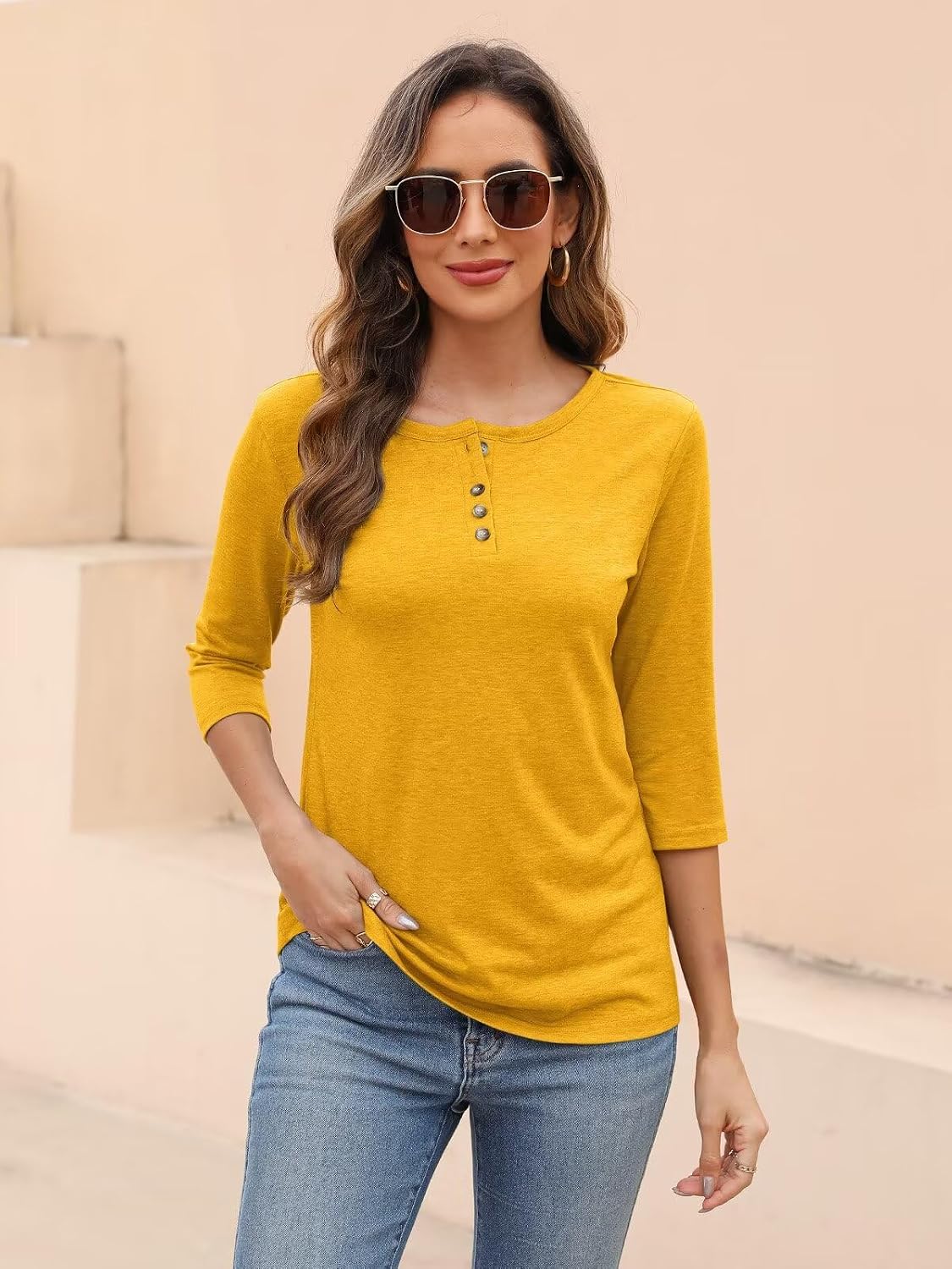 EADINVE Womens Crew Neck 3/4 Sleeve Tops Basic Button T-Shirts Solid Loose Cute Tunic Tee Blouses Fit Pullover