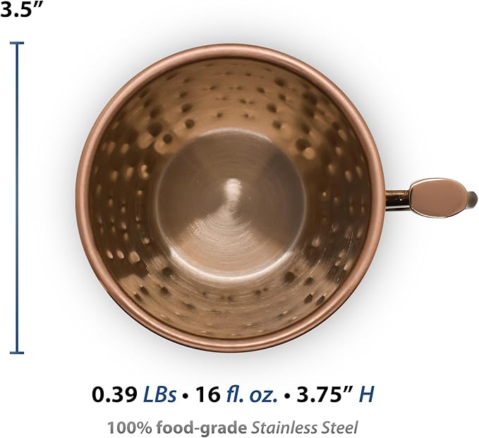 SELECT Set of 2 Hammered Moscow Mule Mugs with Thumb Handle - Rose GoldGoldRainbowMatching Color Handles100 food-grade Stainless Steel16 fl. oz., Regular