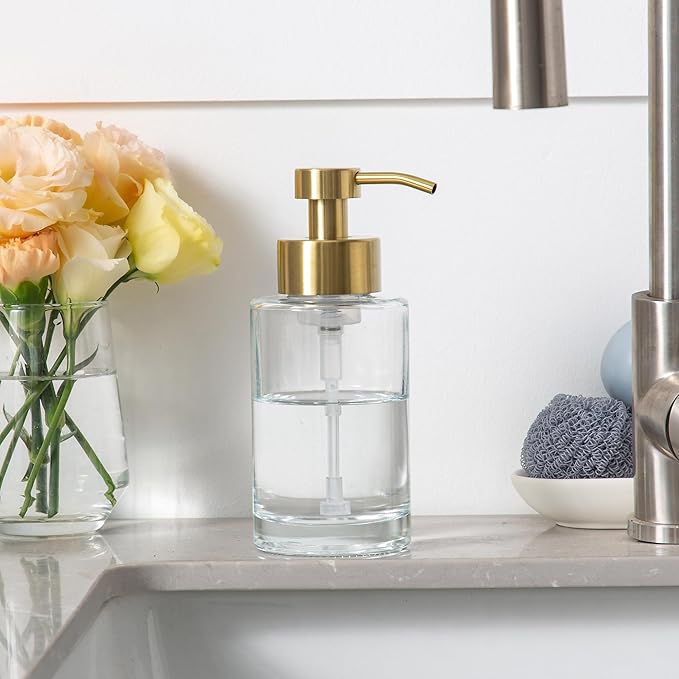 Enra Foam Soap Dispenser, 12oz Thick Glass Bathroom Soap Dispenser with Stainless Steel Gold Pump, Kitchen (ClearGold Foam Type)