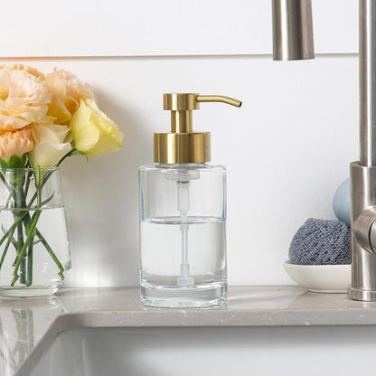 Enra Foam Soap Dispenser, 12oz Thick Glass Bathroom Soap Dispenser with Stainless Steel Gold Pump, Kitchen (ClearGold Foam Type)