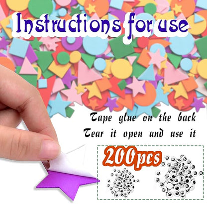 Gushu 1500Pcs Foam Stickers Foam Shapes Stickers for Kids,10 Colors Self Adhesive Craft Supplies Geometric Stickers with Googly Eyes for Preschool Craft DIY Program (Circle, Square, Triangle, Star)