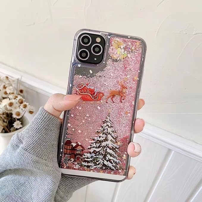 Glitter Christmas Case for iPhone 16 Pro Max Glitter Case Christmas Tree Clear Floating Flowing Moving Bling Snowman Santa Elk Tree Women Cute Liquid Holiday Case for iPhone 16 Pro Max (Gold)