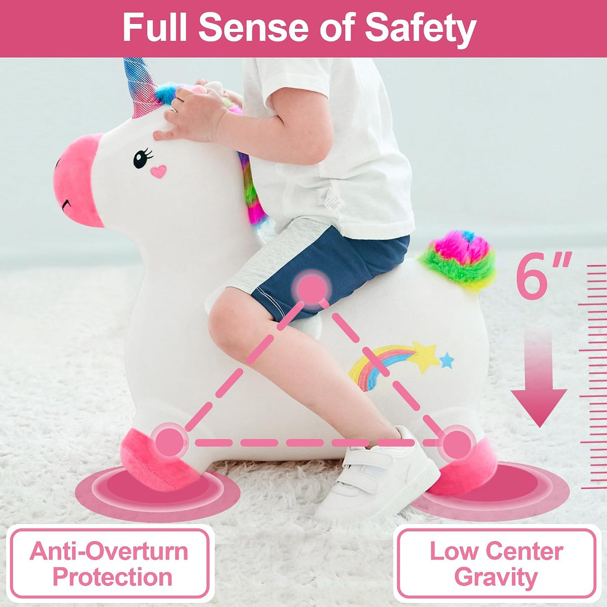 iPlay, iLearn Bouncy Pals Hopping Unicorn Horse, Toddler Girl Inflatable Bouncing Animal Hopper Toy, Outdoor Indoor Plush Ride on Bouncer, Baby Birthday Gift 18 Month 2 3 4 Year Old Kid - Unicorn (Does not include air pump)