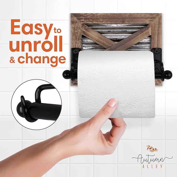 Autumn Alley Rustic Farmhouse Toilet Paper Holder Wall - Farmhouse Bathroom Country Decor Accessories with Warm Brown Wood, Galvanized Metal  Black Adds Western Decor Charm