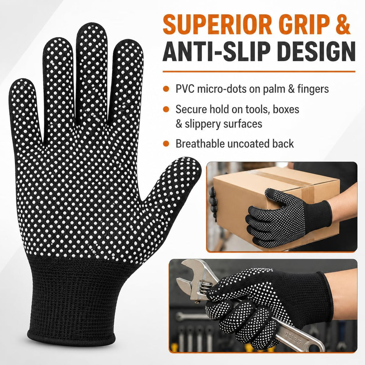 2 Pairs Work Gloves with Anti-Slip Grip Dots - Thin Breathable Cotton Gloves for Men & Women - Stretchy Cloth Gloves for Warehouse, Gardening & Woodworking (Black)