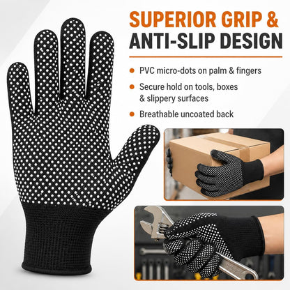 2 Pairs Work Gloves with Anti-Slip Grip Dots - Thin Breathable Cotton Gloves for Men & Women - Stretchy Cloth Gloves for Warehouse, Gardening & Woodworking (Black)