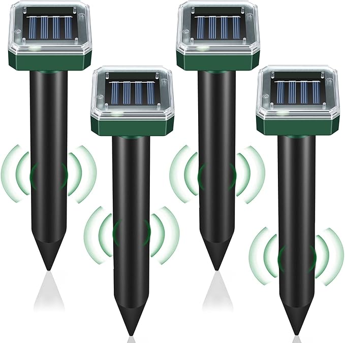Mole Repellent Solar Powered 4 Pack,Snake Vole Repellent Outdoor, Gopher Repeller Ultrasonic Solar Powered for Lawn Garden Waterproof, Sonic Mole Spikes,Get Rid of Moles Groundhog Chipmunk Repellent