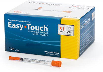 Easy Touch 31 Gauge U-100 Insulin Syringes (31G 1cc 5/16”) with 5/16” Short Needle, 1cc (20 Unit Capacity), Bold Markings for Accurate Dosing, Disposable, Box of 20