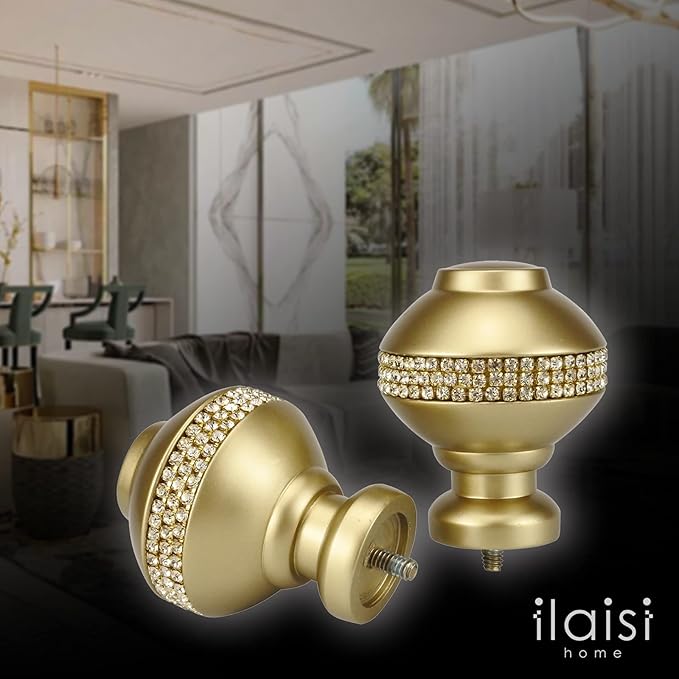 Decorative Curtain Rod Finials, Luxury Rhinestones Gold, Round,Set of 2, Compatible with 1 or 1-18 dia curtain rod, Standalone finial pair, Gold