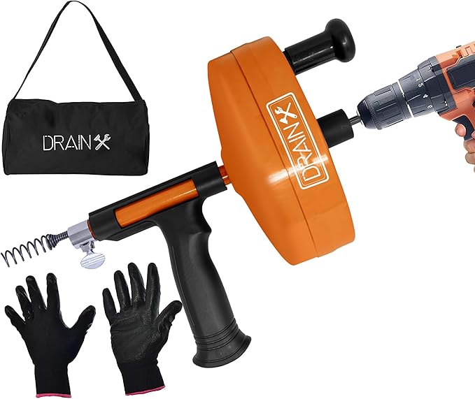 DrainX Power Pro 25-FT Steel Drum Auger Plumbing Snake with Drill Attachment  Drain Snake for Manual or Powered Use  Heavy Duty Drain Cleaning Cable with Work Gloves and Storage Bag Included