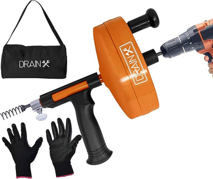 DrainX Power Pro 25-FT Steel Drum Auger Plumbing Snake with Drill Attachment  Drain Snake for Manual or Powered Use  Heavy Duty Drain Cleaning Cable with Work Gloves and Storage Bag Included