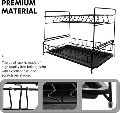 Cabilock Double Layer Tableware Storage Rack Dish Rack Drain Over Sink Dish Black
