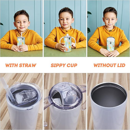 Sublimation Sippy Cup Blank with Handle, 12oz Stainless Steel Sippy Cups, Kids Cups with Straws and Lids Spill Proof Double Wall Vacuum Cup for Children