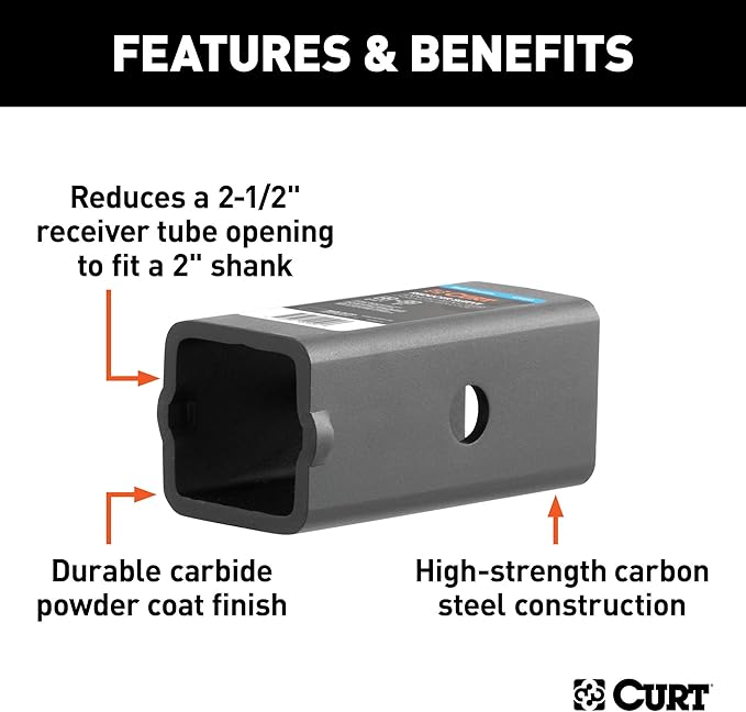 CURT 45405 Trailer Hitch Receiver Adapter Reducer Sleeve, 2-12 to 2-Inch, Carbide Black Powder Coat