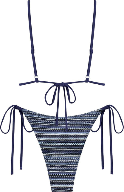 ZAFUL Crochet Bikini Bra Women Cheeky Boho Bathing Suits Striped Brazilian High Cut Thong Bikini Swimsuit for Vacation