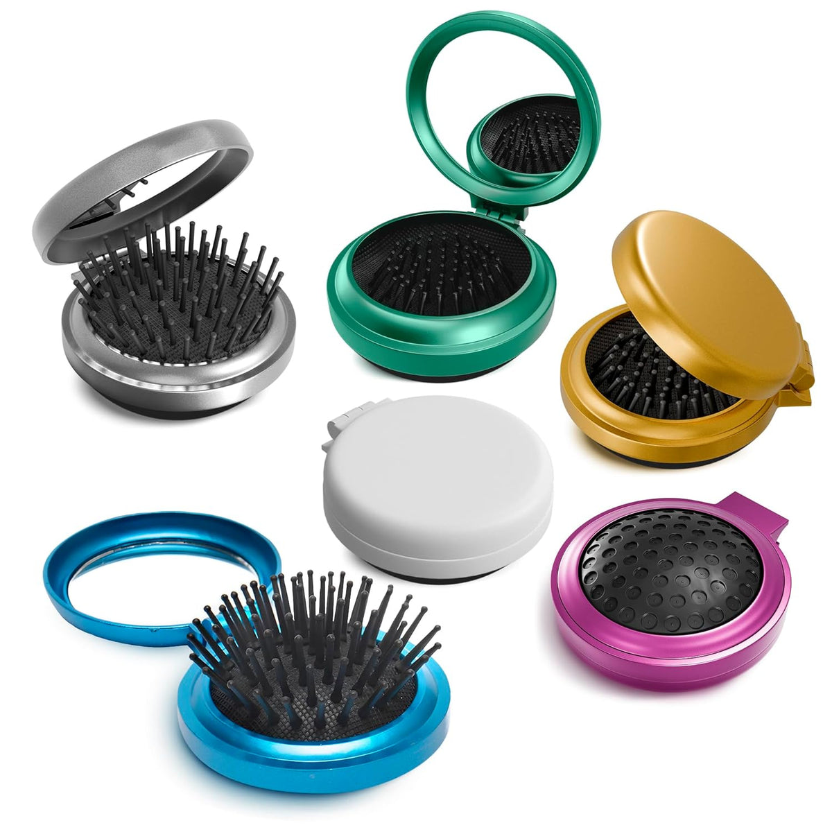 5 Pcs Pocket Hairbrush with Mirror, Travel-Friendly, Soft Bristles Mini Hair Brush with Mirror Set, Foldable, Smooths and Detangles Hair, 2.5x0.8" Size, for Hairstyling and Makeup on the Go (Missing green hairbrush. Set of 5 hairbrushes)
