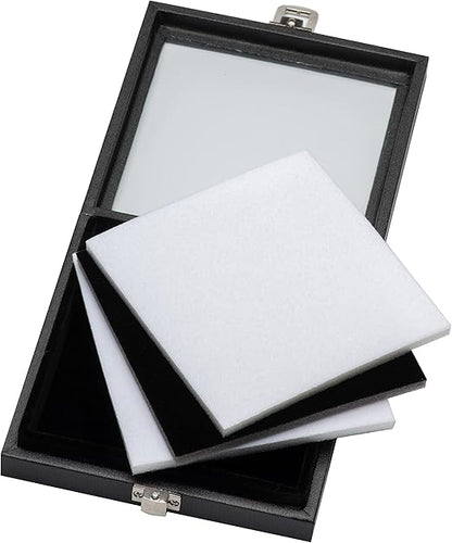 Jewelry Display Case Tempered Glass Top Lid Black Leatherette,Gemstone Display Case Jewelry Storage Box with Metal Clasp (Medium)