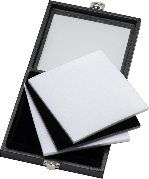 Jewelry Display Case Tempered Glass Top Lid Black Leatherette,Gemstone Display Case Jewelry Storage Box with Metal Clasp (Medium)