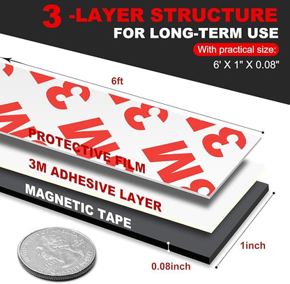 Magnetic Strip, Magnetic Tape Strips with Adhesive Backing (15 Pack, 6" x 1") Sticky Magnet Tape Strips Heavy Duty for Kitchen, Garage - Adhesive Knife Magnetic Tape Tool Holder Strip for Wall
