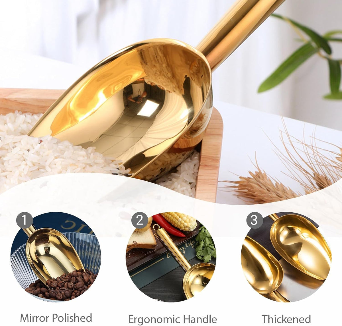 Stainless Steel Ice Scoop 6OZ Small Food Candy Scoop for Kitchen Bar Party Wedding Metal Ice Scooper for Ice Bucket Gold