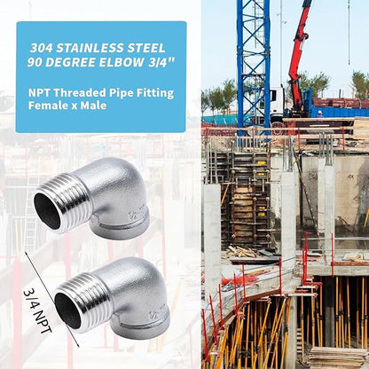 2Pcs 304 Stainless Steel 90 Degree Elbow 34" NPT Threaded Pipe Fitting Female x Male