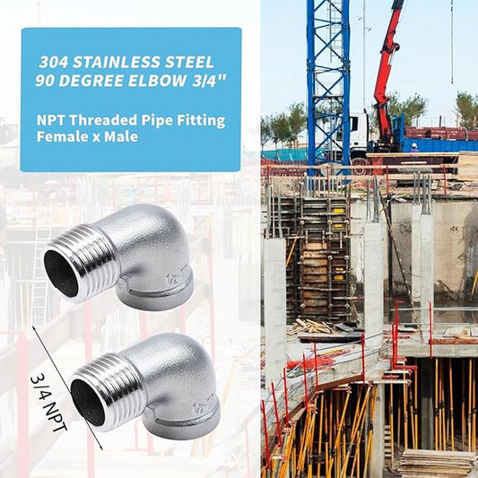 2Pcs 304 Stainless Steel 90 Degree Elbow 34" NPT Threaded Pipe Fitting Female x Male