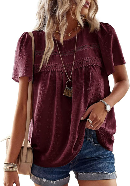 Falechay Womens Summer Tops Crewneck Short Sleeve Shirts Casual Chiffon Blouses Flowy Lace Hem Boho Clothing Trendy 2026