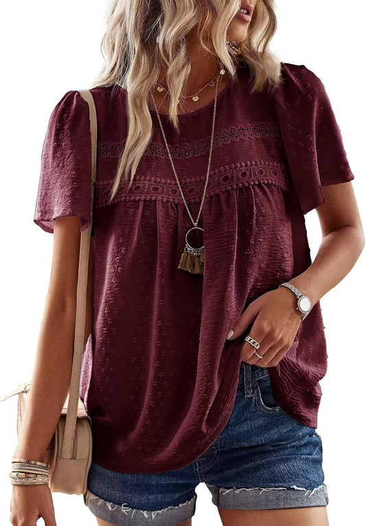 Falechay Womens Summer Tops Crewneck Short Sleeve Shirts Casual Chiffon Blouses Flowy Lace Hem Boho Clothing Trendy 2026