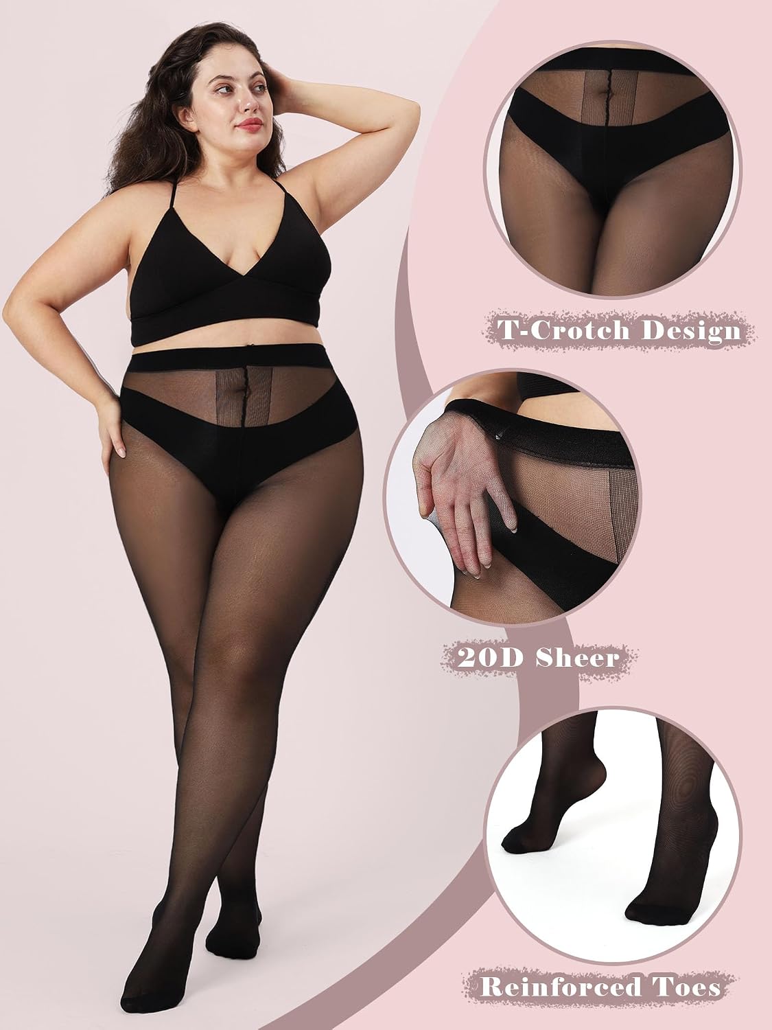 Plus Size Sheer Black Tights for Women T-Crotch 20D Ultra Thin Pantyhose High Waist Stockings 2 Pairs (Open Box)