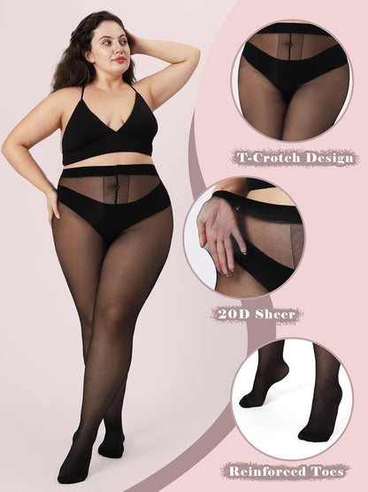 Plus Size Sheer Black Tights for Women T-Crotch 20D Ultra Thin Pantyhose High Waist Stockings 2 Pairs (Open Box)