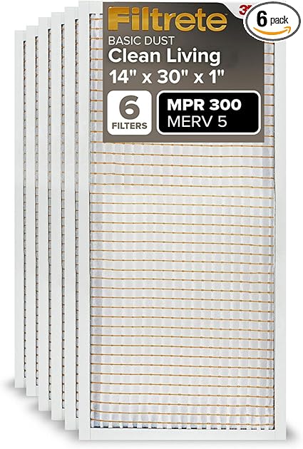 Filtrete 14x30x1 AC Furnace Air Filter, MERV 5, MPR 300, Capture Unwanted Particles, 3-Month Pleated 1-Inch Electrostatic Air Cleaning Filter, 6-Pack (Actual Size13.81x29.81x0.81 in)