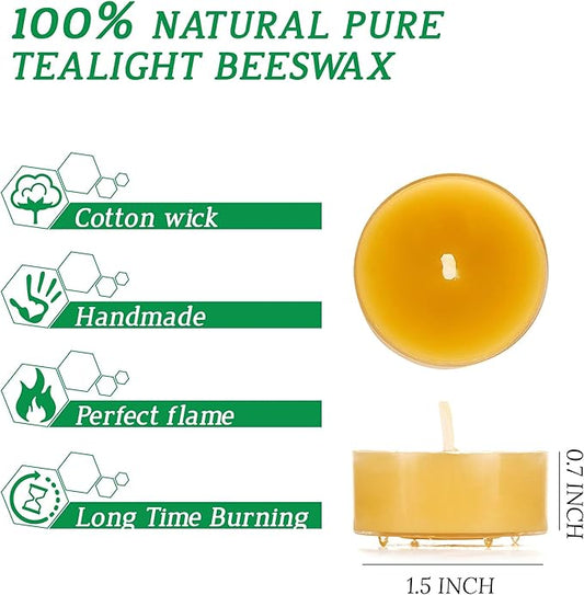 Beeswax Tealight Candles, Handmade Tea Light Candle 24 Pack Natural Unscented Beeswax Tealights - 4 Hours Burn Time - for Home Decor, Party Ambiance