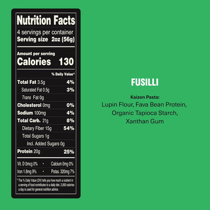 Kaizen Fusilli Protein Pasta, 20g Protein, Low Carb (6g Net Carbs), Keto-Friendly, Gluten-Free, Plant-Based Lupini Noodles, High Fiber, 8 Ounce, Pack of 3