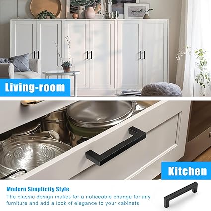 KNOBWELL 6 Pack 4 inch Black Kitchen Cabinet, Stainless Steel Cupboard Door Handles Pulls for Vanity Chest Nightstand Drawer Dresser - Hole Distance 4", Overall Length 4-12"
