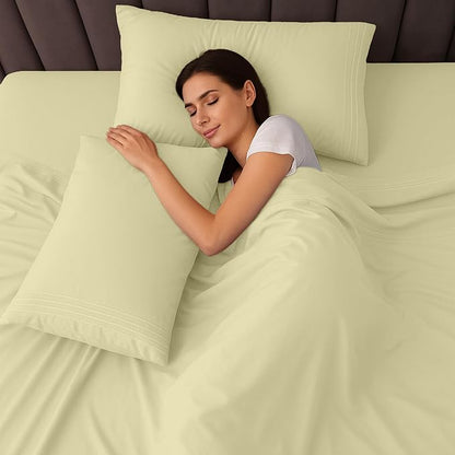 LUX Décor Queen Sheet Set - 4 Piece Ultra-Soft Microfiber Bed Sheets with Flat Sheet, 16 Inches Deep Pocket Fitted Sheet & Pillowcases, Cooling & Breathable, Hotel Luxury, Oeko-TEX - Beige