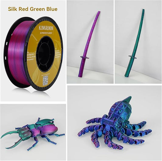 Kingroon PLA 3D Printer Filament, Triple Color Silk PLA Filament, Dimensional Accuracy +/- 0.03 mm, 1 kg Spool(2.2lbs), 1.75 mm, Red Blue Green