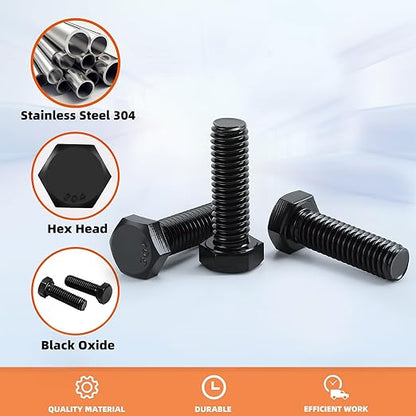 12-13 x 6 Hex Head Cap Screws Hexagon Bolts, External Hex Drive, Stainless Steel 304, Fully Threaded, Black Oxide, 2 PCS