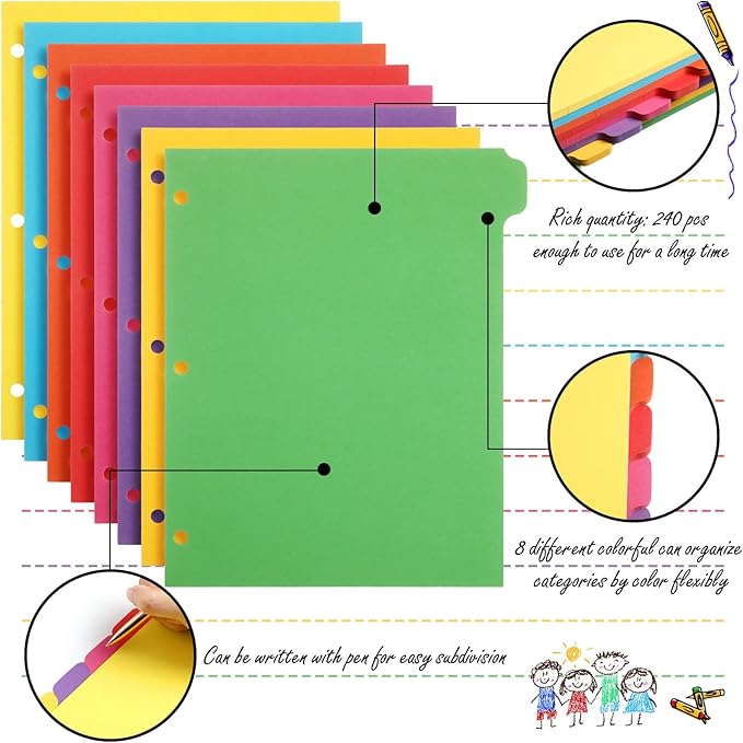 Harloon 30 Sets 3 Ring Binder Dividers with 8 Tab, 1/8 Cut Tabs 240 Blank Binder Bulk 3 Hole Punch Divider 230 GSM Heavyweight Paper for School Office Home Class(Colorful)
