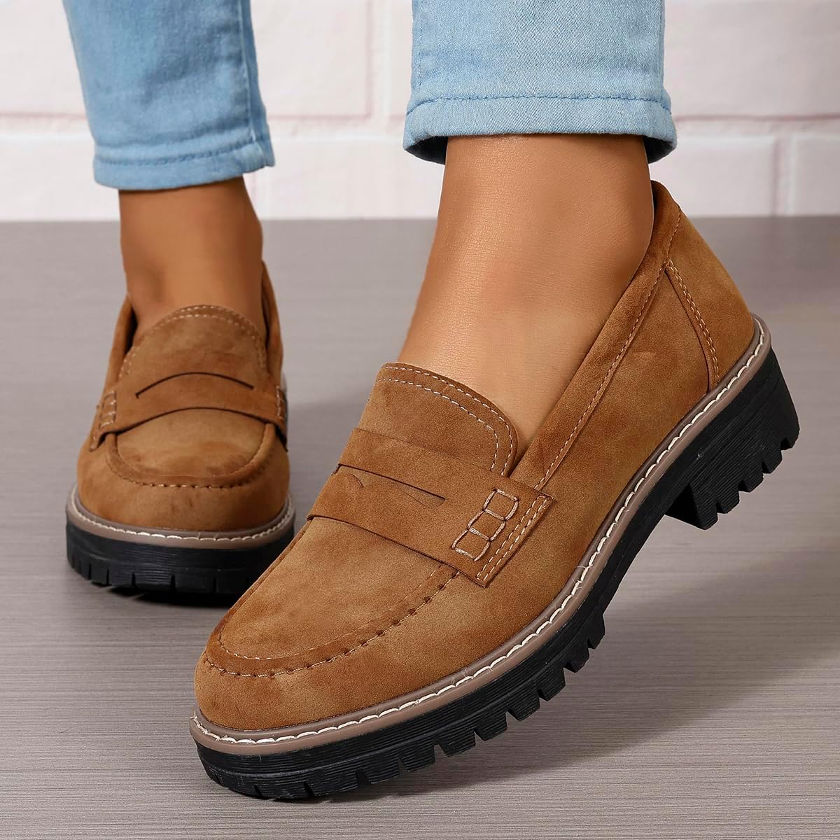 Womens Loafers Shoes Platform Chunky Penny Loafer Lug Sole Comfortable Slip On Work Office Business Casual Dress Shoes, US Size 5-11.5