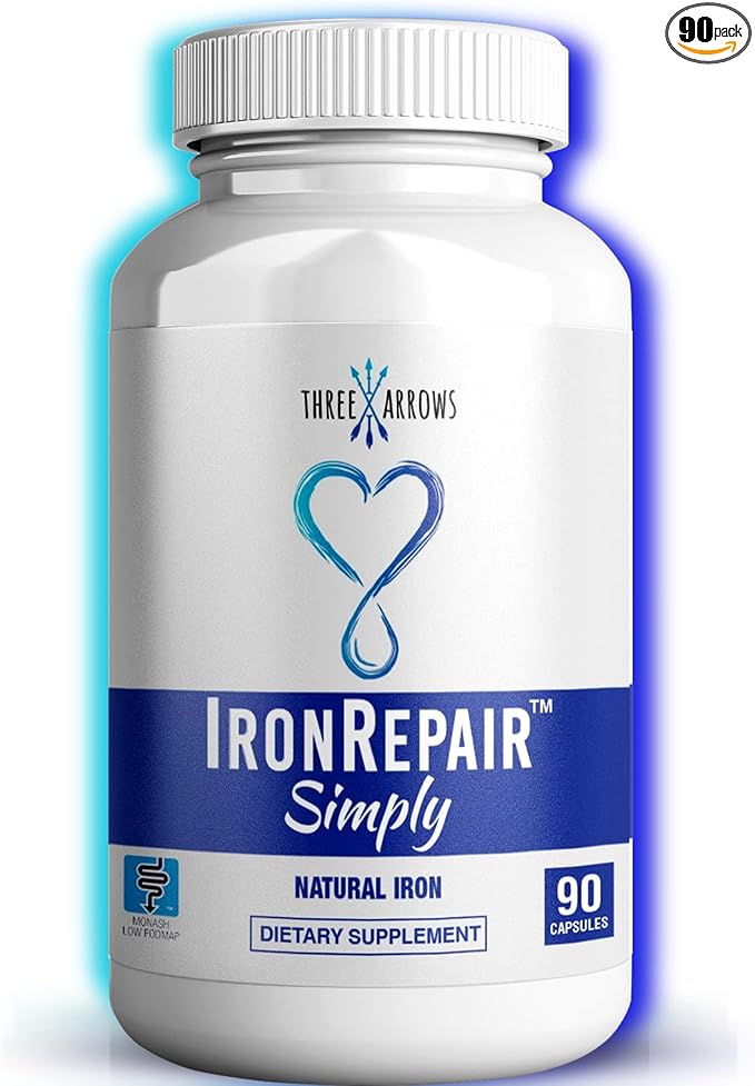 Iron Repair Simply Natural Iron Supplement, Best Absorption  Gentle on Stomach, Monash Low FODMAP, Raise Hemoglobin  Ferritin Iron Pills for Women, Men, Teens,  Pregnancy 90 Bovine Gelatin Capsules