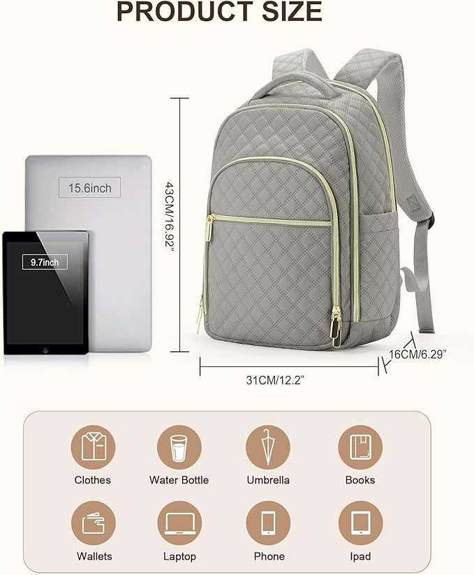 Travel Backpack for Women, Flight Approved Carry On Backpack, 15.6 Inch Laptop Backpack with USB Charging Port Water Resistant Anti-Theft Casual Daypack for Weekender Business Work, Grey Brown