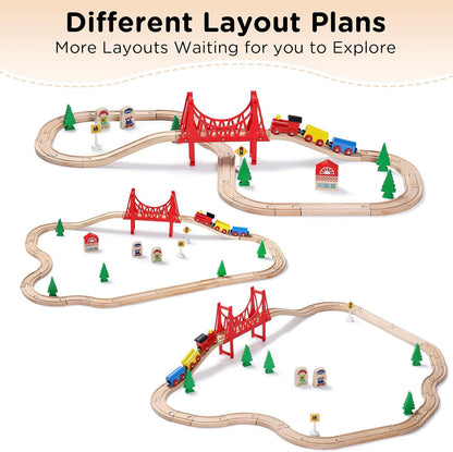 SainSmart Jr. Wooden Train Set for Toddler - Double-Side Wooden Tracks Fits Brio, Thomas, Melissa and Doug - Expandable, Changeable-Kids Wood Toy Train for 3,4,5 Year Old Boys and Girls