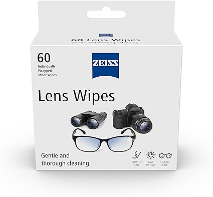 ZEISS Lens Cleaning Wipes, Pre-Moistened, Individually Wrapped Wipes for Coated Glass on Binoculars, Glasses, Sunglasses, Camera Lenses, and Scopes, 60 Count