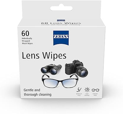ZEISS Lens Cleaning Wipes, Pre-Moistened, Individually Wrapped Wipes for Coated Glass on Binoculars, Glasses, Sunglasses, Camera Lenses, and Scopes, 60 Count